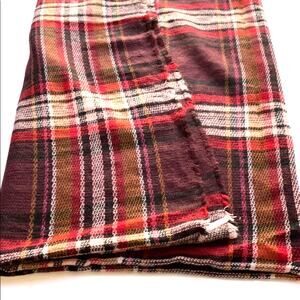 Blanket scarf square unisex red tan brown plaid easy care acrylic fringed